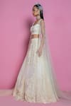 Shop_Mala and Kinnary_White Net Applique Work Organza Baroque Sweetheart Neck Lehenga Set _Online_at_Aza_Fashions