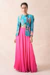 Thetaa_Sky Blue Chanderi Silk And Embroidery Geometric & Jacket & Lehenga Set _Online_at_Aza_Fashions