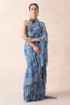 Shop_Thetaa_Blue Lycra, Viscose, Polyester, Printed Pre-draped Ruffle Saree With Blouse _Online_at_Aza_Fashions