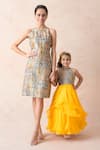 Shop_Thetaa_Grey Chanderi , Organza, Viscose Embroidery Garden Print Flared Gown _Online_at_Aza_Fashions
