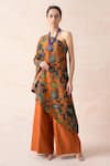 Thetaa_Orange Chanderi Silk Floral One Shoulder Kaftan Tunic And Palazzo Set _Online_at_Aza_Fashions