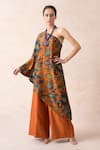 Buy_Thetaa_Orange Chanderi Silk Floral One Shoulder Kaftan Tunic And Palazzo Set _Online_at_Aza_Fashions