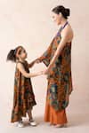 Thetaa_Orange Chanderi Silk, Satin Blooming Floral Print High Low Dress _Online_at_Aza_Fashions
