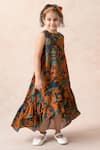 Buy_Thetaa_Orange Chanderi Silk, Satin Blooming Floral Print High Low Dress _Online_at_Aza_Fashions