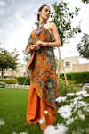 Buy_Thetaa_Orange Chanderi Silk Floral One Shoulder Kaftan Tunic And Palazzo Set 