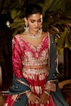 Matsya_Pink Tissue Embroidery Zardozi V Neck Floral Lehenga Set _Online_at_Aza_Fashions