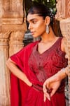 Mehak Murpana_Red Crepe Embroidery Geometric Leaf Neck Bodice Saree Gown_Online_at_Aza_Fashions