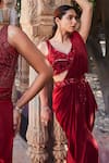 Buy_Mehak Murpana_Red Crepe Embroidery Geometric Leaf Neck Bodice Saree Gown_Online_at_Aza_Fashions
