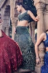 Shop_Mehak Murpana_Green Net Embroidered Bead V Neck Floral Bridal Lehenga Set _Online_at_Aza_Fashions