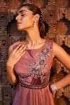 Mehak Murpana_Pink Crepe Embellished Floral Boat Neck Gown With Belt _Online_at_Aza_Fashions