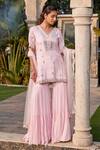 Mehak Murpana_Pink Georgette, Net, Denim Embroidery, Mirrors V-neck Tiered Sharara Set _Online_at_Aza_Fashions