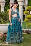 Mehak Murpana_Blue Silk, Net, Denim Embroidery, Mirrors Geometric Bridal Lehenga Set _Online_at_Aza_Fashions