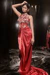 Masumi Mewawalla_Red Mashroo And Net Lining Shantoon Embroidery Cutdana & Floral Corset Gown _Online_at_Aza_Fashions