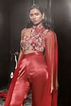 Masumi Mewawalla_Red Net Embroidery Sequin High Neck Collar Flower Drape Blouse With Pant _Online_at_Aza_Fashions