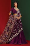 Mahima Mahajan_Wine Velvet Printed Floral Pattern V Neck Ziva Embroidered Bridal Lehenga Set _Online_at_Aza_Fashions