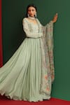 Shop_Mahima Mahajan_Green Georgette Printed Floral Pattern V Neck Urwa Long Anarkali With Dupatta _Online_at_Aza_Fashions