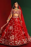 Buy_Mahima Mahajan_Red Velvet Embroidery Thread Sweetheart Neck Hena Bridal Lehenga Set _Online_at_Aza_Fashions