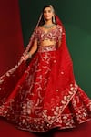 Shop_Mahima Mahajan_Red Velvet Embroidery Thread Sweetheart Neck Hena Bridal Lehenga Set _Online_at_Aza_Fashions