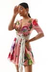 Mahima Mahajan_Pink Organza Satin And Shantoon Print Floral & Typographic V Neck Bow Tie Up Dress _Online_at_Aza_Fashions