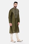 Shop_Mayank Modi - Men_Green Silk Embroidered Yoke Geometric Kurta Set_Online_at_Aza_Fashions