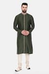 Mayank Modi - Men_Green Silk Embroidered Placket Leaf Kurta Set_Online_at_Aza_Fashions