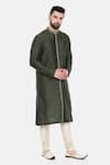 Shop_Mayank Modi - Men_Green Silk Embroidered Placket Leaf Kurta Set_Online_at_Aza_Fashions