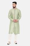 Mayank Modi - Men_Green Silk Embroidered Placket Leaf Placement Kurta Set_Online_at_Aza_Fashions