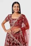 Mehak Murpana_Red Velvet Embroidery Square Neck Floral Bridal Lehenga Set _Online_at_Aza_Fashions