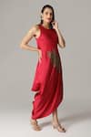 ANEEHKA_Red Viscose Cotton Satin Hand Embroidered Bead Work Cowl Draped Dress _Online_at_Aza_Fashions