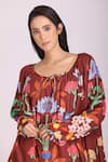 ALPONA DESIGNS BY SOHAM ACHARYA_Brown Cotton Silk Printed Floral Scoop Neck Gown _Online_at_Aza_Fashions