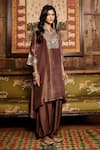 MATSYA_Brown Tissue Embroidery Gota Notched Yoke Kurta And Pant Set  _Online_at_Aza_Fashions