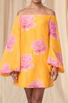 Shop_Masaba_Yellow Bemberg Linen Kat Off Shoulder Rosy Print Short Dress_Online_at_Aza_Fashions