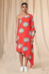 Masaba_Red Natural Crepe Printed Crazy Daizy One Shoulder Kaftan Dress _Online_at_Aza_Fashions