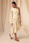 Buy_Masaba_Ivory Natural Crepe Printed Rock N Roll One Shoulder Kaftan Dress_Online_at_Aza_Fashions