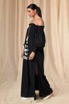 Masaba_Black Cotton Cambric Printed Slogan Carmen Off Shoulder Dress_Online_at_Aza_Fashions