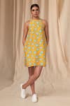 Masaba_Yellow Bemberg Linen Printed Crazy Daizy Halter Neck Dress _Online_at_Aza_Fashions