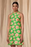 Masaba_Green Bemberg Linen Printed Flower Passion Halter Neck Dress _Online_at_Aza_Fashions