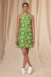 Masaba_Green Bemberg Linen Printed Flower Passion Halter Neck Dress _at_Aza_Fashions