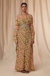 Masaba_Green Natural Crepe Printed Little Garden V Neck Kaftan Dress With Belt_Online_at_Aza_Fashions