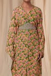 Masaba_Green Natural Crepe Printed Little Garden V Neck Kaftan Dress With Belt_at_Aza_Fashions