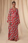 Masaba_Red Natural Crepe Printed Crazy Daizy V Neck Daisy Kaftan Dress With Belt _Online_at_Aza_Fashions