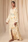 Masaba_Ivory Natural Crepe Printed Rock N Roll V Neck Kaftan Dress With Belt _Online_at_Aza_Fashions