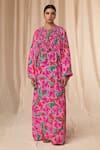 Masaba_Green Natural Crepe Printed Bloomerang Notched Smocked Kaftan Dress _Online_at_Aza_Fashions