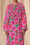 Shop_Masaba_Green Natural Crepe Printed Bloomerang Notched Smocked Kaftan Dress _Online_at_Aza_Fashions