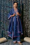 Maison Shefali_Blue Chanderi Silk, Cotton Embroidery Split V-neck Saanjh Kurta Set _Online_at_Aza_Fashions