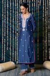 Buy_Maison Shefali_Blue Chanderi Silk, Cotton Embroidery Split V-neck Saanjh Kurta Set _Online_at_Aza_Fashions