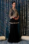 Buy_Maison Shefali_Black Jacket Cotton Embroidered Mirror Round Aks Peplum And Gharara Set _Online_at_Aza_Fashions
