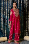 Shop_Maison Shefali_Pink Kurta Chanderi Silk Hand Embroidery Gulaab Floral Set _Online_at_Aza_Fashions