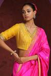 Weaver Story_Yellow Munga Silk Hand Embroidered Gota Patti V Neck Handloom Blouse _Online_at_Aza_Fashions