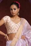 Weaver Story_Peach Silk Embroidery V-neck Pearl Floral Hand Blouse _Online_at_Aza_Fashions